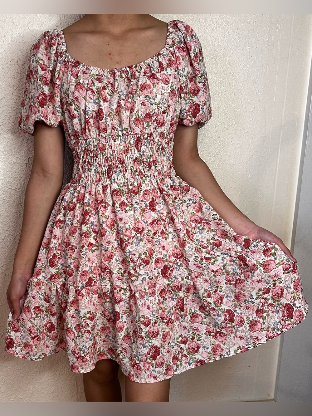 SHEIN Pink Floral Puff-Sleeve Smocked Mini Dress
